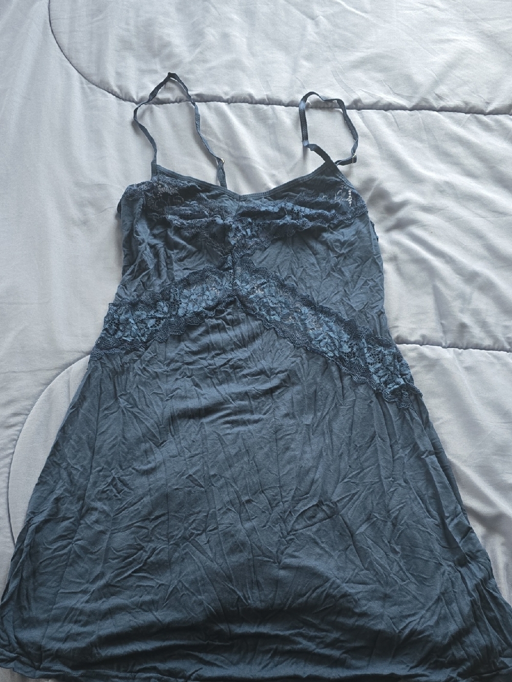Lace-Trim Slip Chemise in Slate Blue